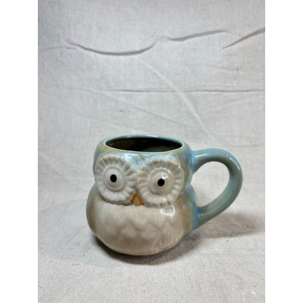 Owl Mug 3D Green Blue Ivory Cottagecore Bird Cup 4"